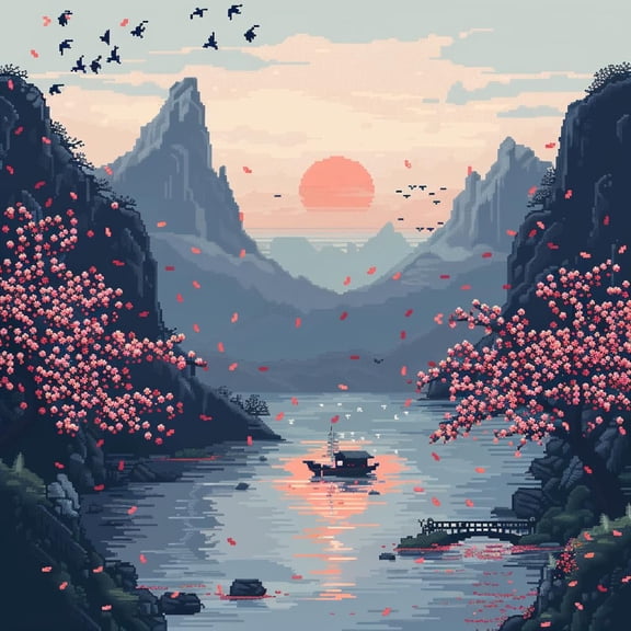 Modern Cherry Flower River Sunset DIY 11CT Stamped Cross Stitch Kits for Beginners Easy Needlepoint Embroidery Counted Cross Stitch Art Craft for Wall Decoration 14x14inch(7)