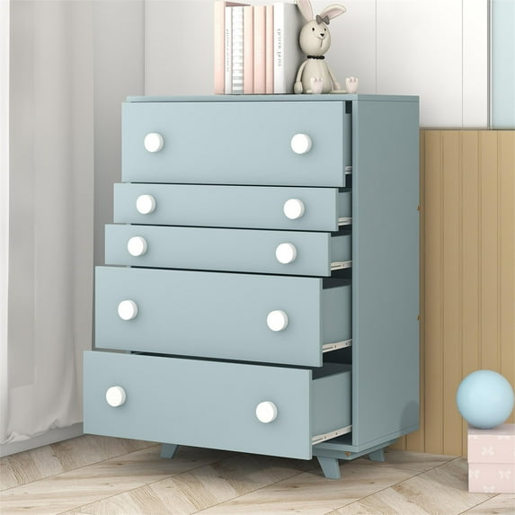 Modern Chest of Drawers, Wood Tall Dresser with 5 Drawers, Storage Organizer Chest Cabinet Nightstand, Storage Chest of Drawers for Living Room Hallway Entryway, Cute Solid Wood Bedroom Dresser, Blue