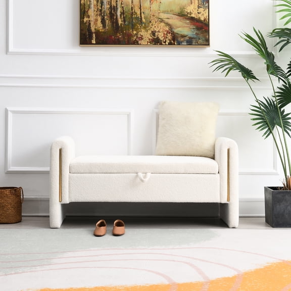 Modern Chest With Storage - Cream Upholstered Foot Rest Fits , Books, Clothes, And Pillows In Compartment Armrest Stool Ample Stores Bedding, Pillows, Blankets, Clothes