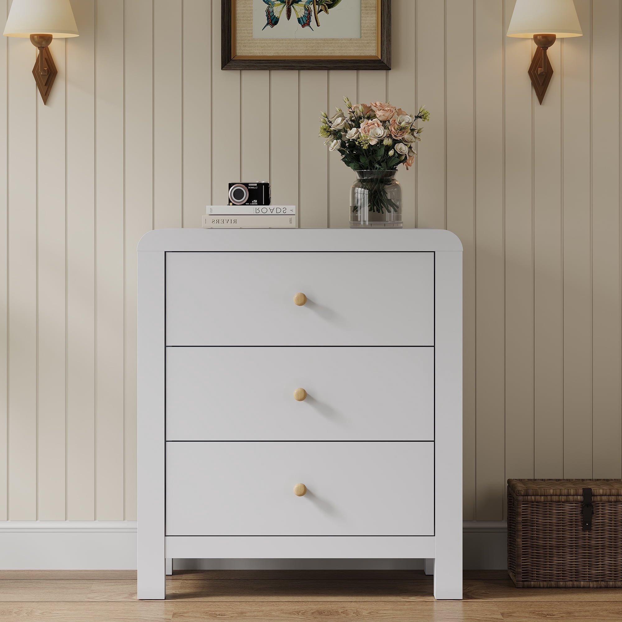 Cozy Home Solid Wood 3-Drawer Storage Dresser, Rounded Corner Modern Bedroom Chest of Drawers & Large Nightstand, White Organizer for Bedroom, Living Room, Entryway