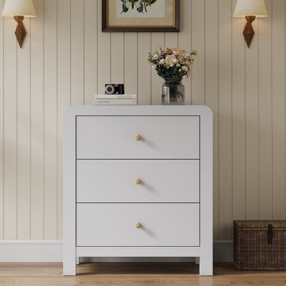 Cozy Home Solid Wood 3-Drawer Storage Dresser, Rounded Corner Modern Bedroom Chest of Drawers & Large Nightstand, White Organizer for Bedroom, Living Room, Entryway