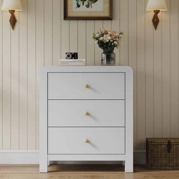 Cozy Home Solid Wood 3-Drawer Storage Dresser, Rounded Corner Modern Bedroom Chest of Drawers & Large Nightstand, White Organizer for Bedroom, Living Room, Entryway