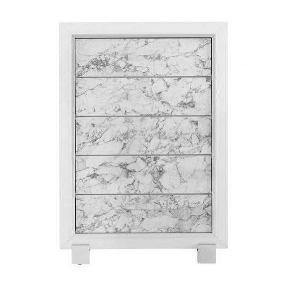 Modern Chest with 5 Faux Marble Detailed Front Drawer, White