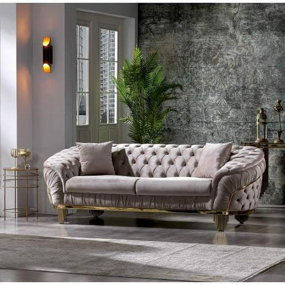 Modern Chesterfield Fabric Couch Furniture, Deep Button Tufted Chesterfield Velvet Sofa with Scroll Arms, Upholstery Nailhead Trim Sofa Couches for Living Room(Taupe)