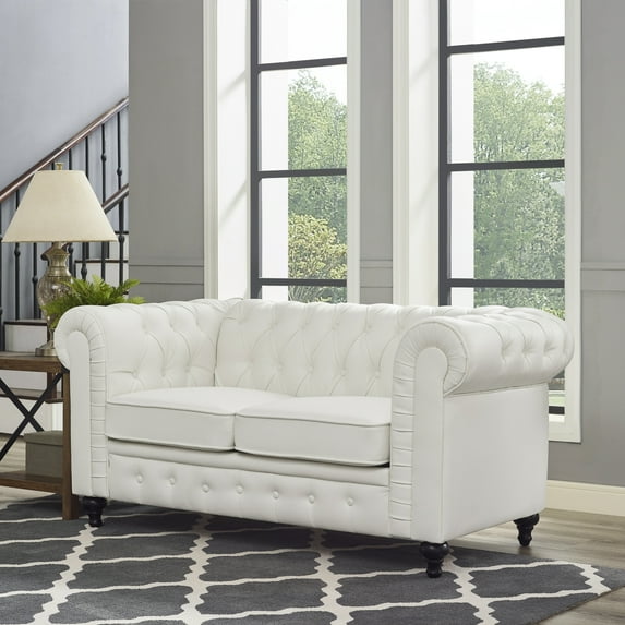 Emery Chesterfield Leather Loveseat, Small Sofa with Rolled Arms and Tufted Cushions for Small Spaces, Easy Assembly-Color:White,Material:Faux Leather