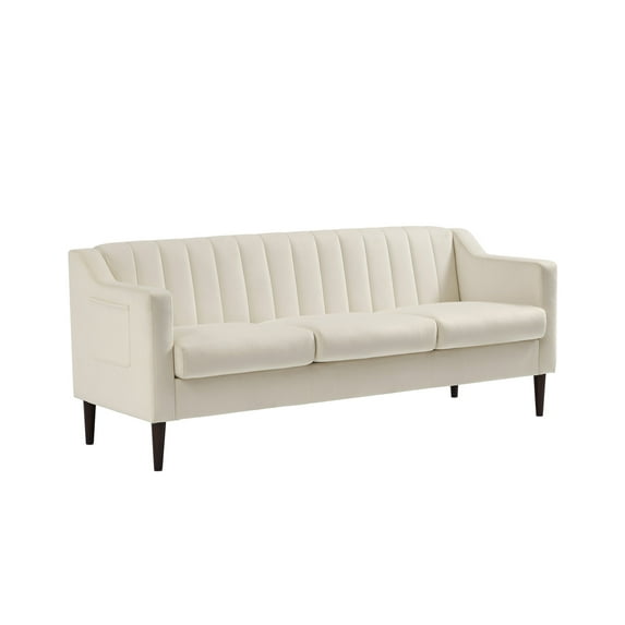 Modern Chesterfield Sofa with Side Pocket, 3 Seater Sofa Couch with Diamond-Shaped Lines, Comfy Loveseat Sofa with Solid Wood Legs for Living Room, Bedroom, Office, White