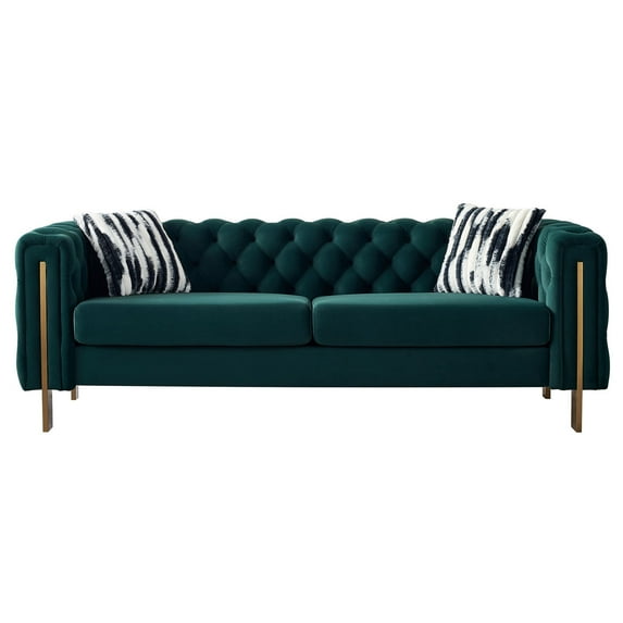 Modern Chesterfield Tufted Velvet Living Room Sofa with Gold Legs, Durable Wood Frame, 84.25''W Green Couch for Comfort & Style