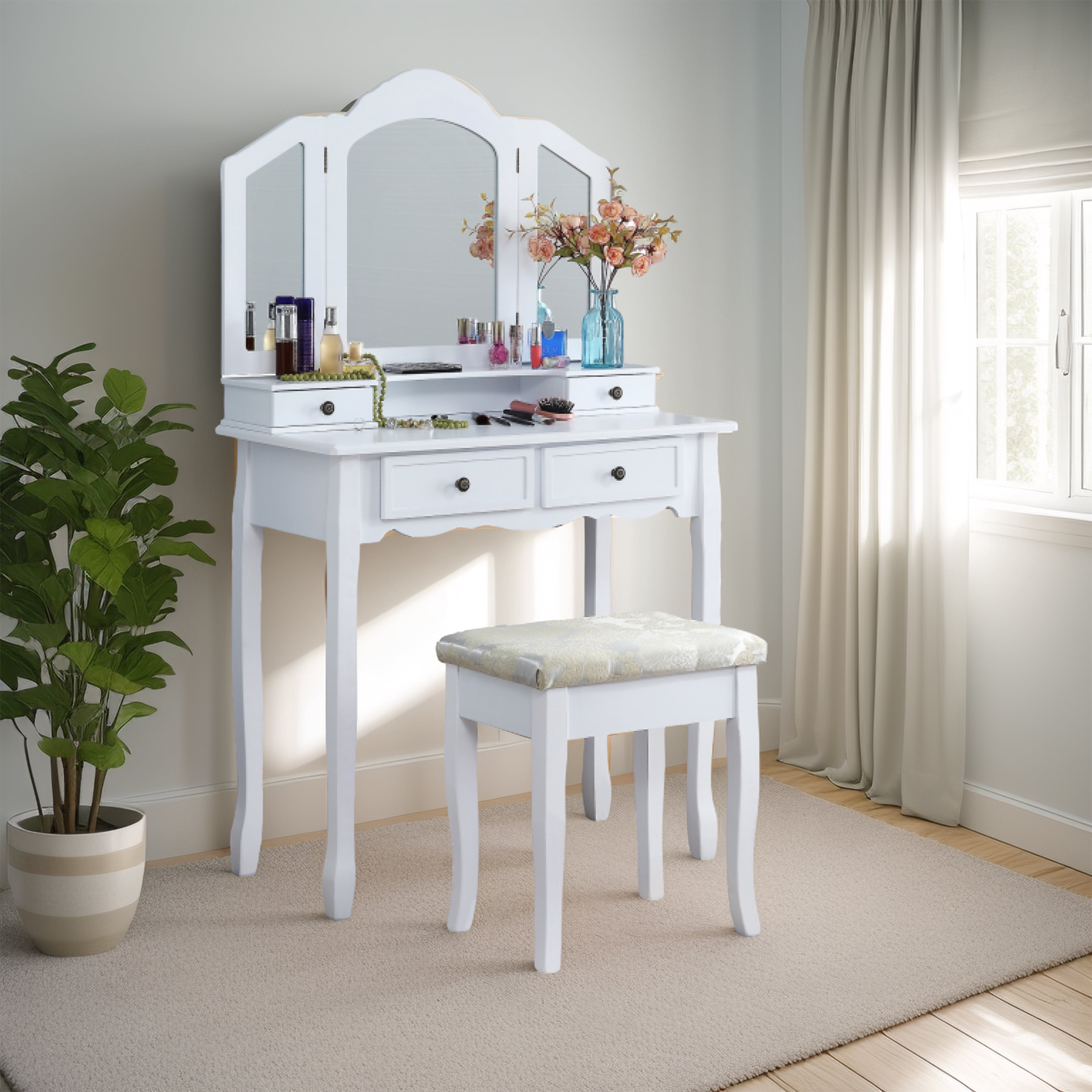 Modern Chic 2-PieceVanity Set with Makeup Table & Chair, White