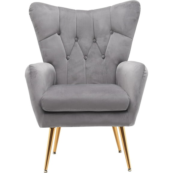 US Pride Furniture Modern Chic Mid-Century Velvet Accent Armchair for Living Room Bedroom or Home Office Button-Tufted Wingback Design with Gold Flared Legs Grey