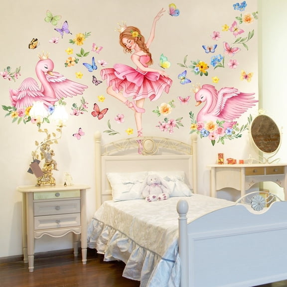 Modern Children Wall Stickers Dancing Girl with swans PVC Waterproof Decals