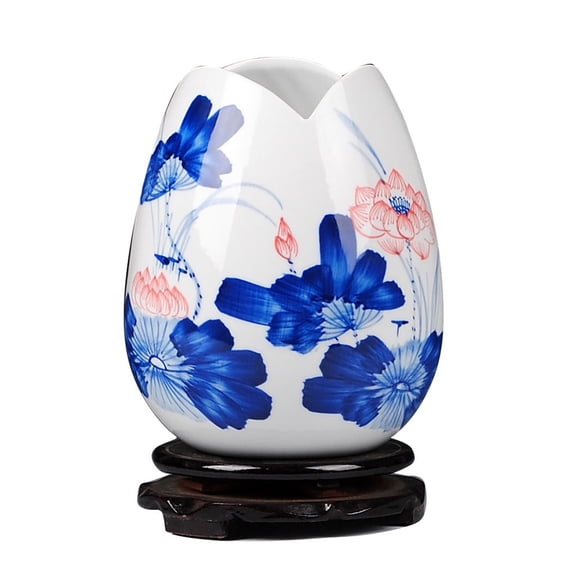 Modern Chinese Ceramics Blue and White Hand-painted Glaze Red Lotus Vase Flower Arrangement Home Living Room Decoration