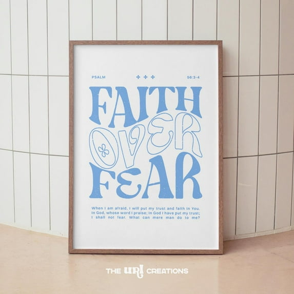 Modern Christian Wall Art Blue, Faith Over Fear Wall Art, Bible Verse Print, Aesthetic Dorm Room Decor, Preppy Blue Affirmation Poster Print Wall Art, Modern Wall Decor, 8x12 UNFRAMED
