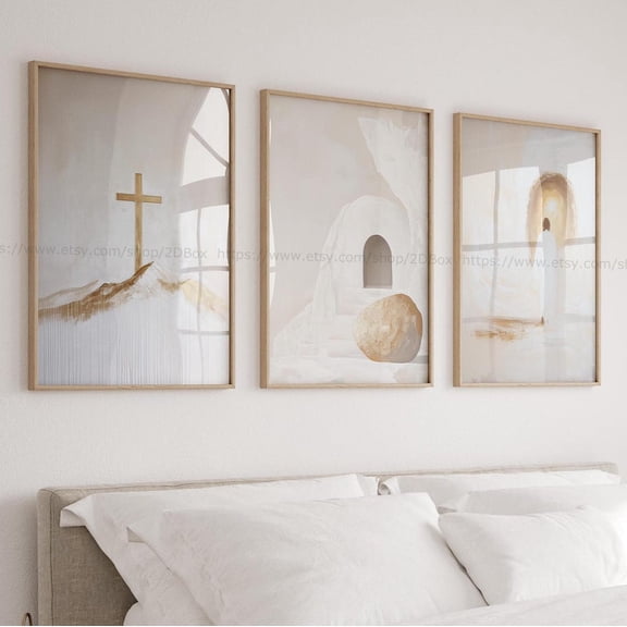 Modern Christian Wall Art Gold and Beige He is Risen Gold and White Cross Sign Set 3 Stretched Canvas 16x24
