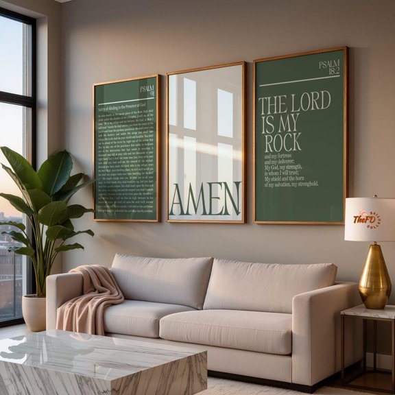 Modern Christian Wall Art Set of 3, Psalm 91 Scripture Prints, Green Faith Decor
