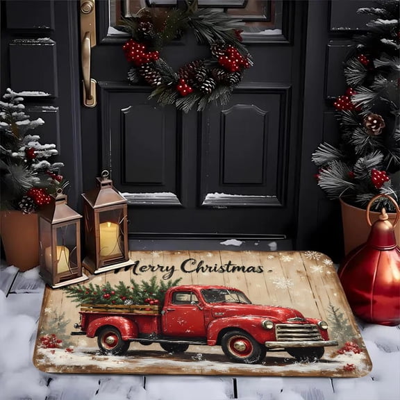 Modern Christmas Doormat - Red Truck with Tree & Snow, Vintage Design, Non-Slip Rubber Backing, Soft Indoor Mat for Entryway, Living Room, Farmhouse Holiday Decor
