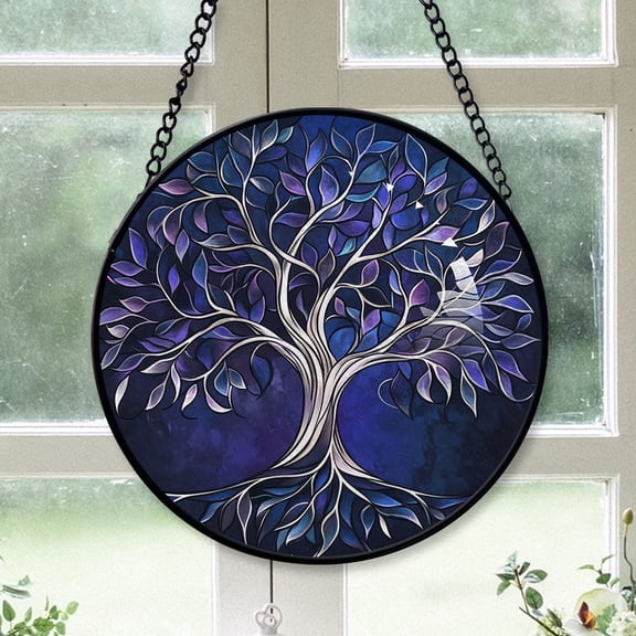 Modern Christmas Gift - Blue Purple Tree of Life Plant Xmas Stained Glass Hanging Ornament - Warm White Lights Tree Decoration, Gift for Family & Friends, Keepsake 2025