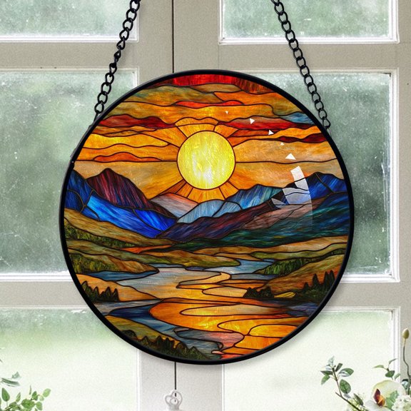 Modern Christmas Gift - Dusk Sunset Lakes Mountains Christmas Stained Glass Hanging Ornament - Gallery-Style Holiday Tree Decor, Gift for Family & Friends, Keepsake 2025