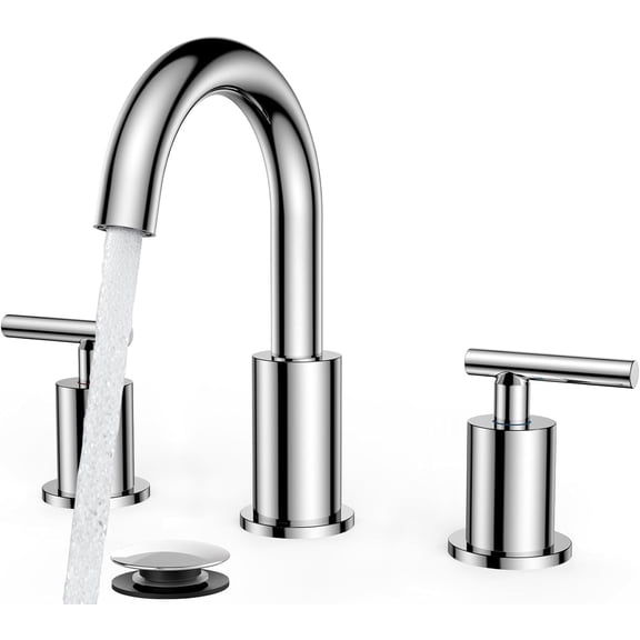 Modern Chrome 3 Hole 8 Inch Widespread Bathroom Faucet with Pop Up Drain and 24 Inch Supply Lines