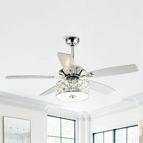 Modern Chrome 5-Blade Reversible Crystal Ceiling Fan with Remote and Light Kit - 52-in W