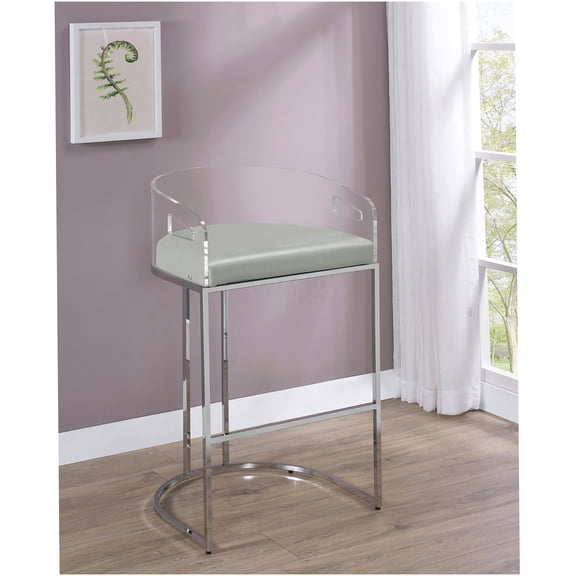 Modern Chrome Bar Stools Set of 2, Grey Upholstered Counter Stools with Curved Acrylic Back for Kitchen Island, Home Bar