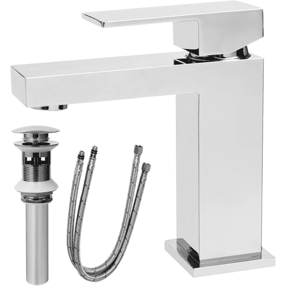 Modern Chrome Bathroom Faucet, Single Hole Bathroom Faucet, Solid Brass Chrome Polished Bathroom Sink Faucet, Single Handle Heavy Duty Square Basin Vanity Square Bathroom Faucet with Pop-up Drain