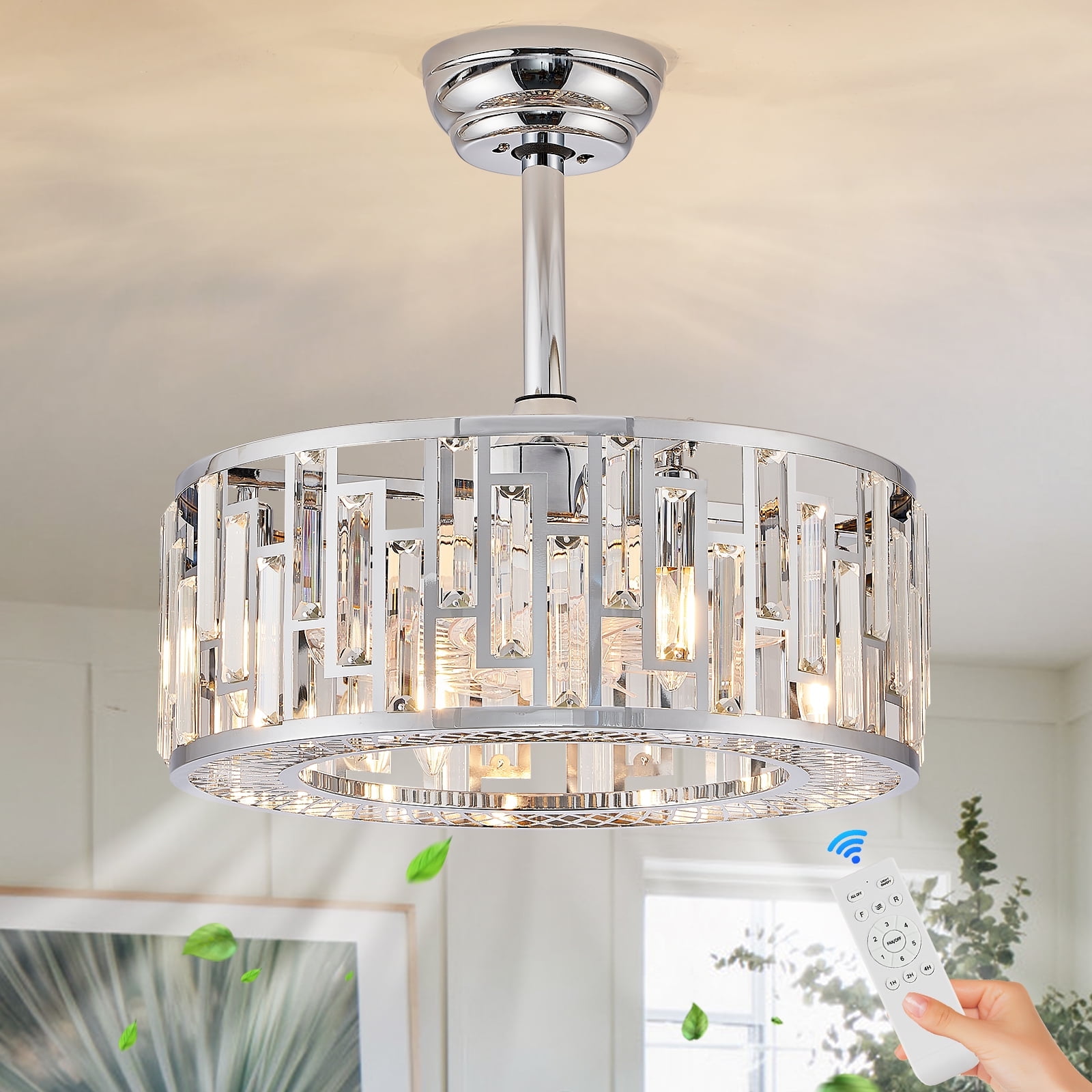 Modern Chrome Caged Ceiling Fan with Light for Bedroom Crystal Ceiling Light Fixture with Fan Bladeless Ceiling Fan Light for Kitchen Hallway Dining Room