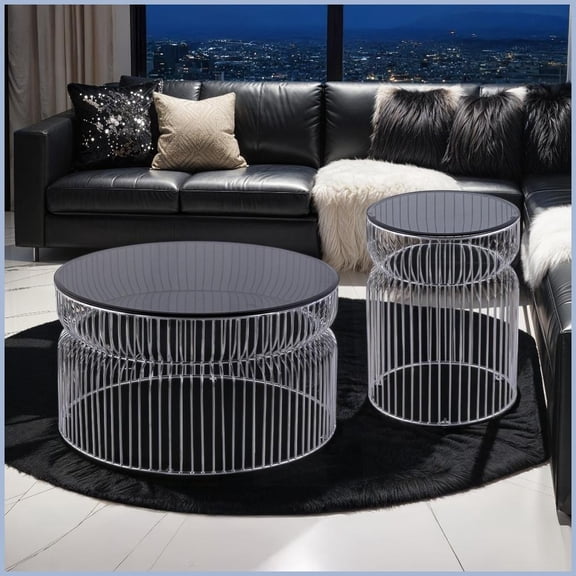 Modern Chrome Coffee Table & End Table Set, Tinted Glass Top, Space-Saving & Easy-Clean for Living Room