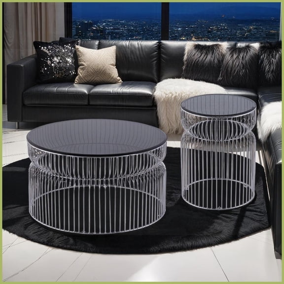 Modern Chrome Coffee Table & End Table Set, Tinted Glass Top, Space-Saving & Easy-Clean for Living Room