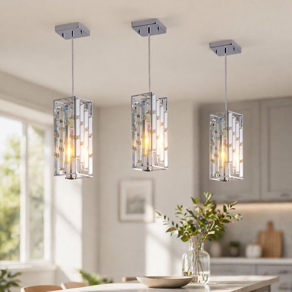 Modern Chrome Crystal Pendant Light 3-Pack, Adjustable Hanging Ceiling Lamp with Prism Shades for Dining Room, Kitchen Island, and Living Room