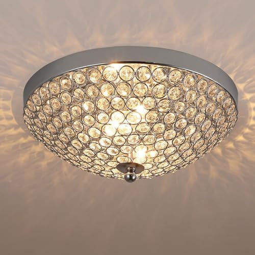 Modern Chrome Flush Mount Crystal Ceiling Light,2-Light Crystal Chandelier Ceiling Lighting for Bedroom Living Room Closet Kitchen,Hallway Light Fixtures with Sparkling Crystal Metal Shade