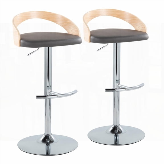 Modern Chrome Metal Barstools - 2-Pack with Grey Faux Leather & Natural Wood