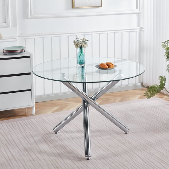 Modern Chrome Metal Leg Dining Table 110x110x75CM – Square Clear Glass Top, Space-Saving Kitchen Table for Living Room