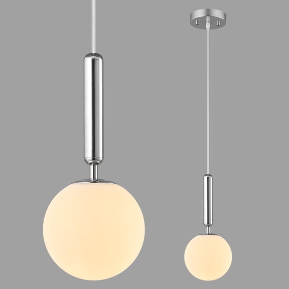 Modern Chrome Pendant Lights Adjustable Height Hanging Light Fixture with Globe Milky White Glass Pendant Light for Dining Room Bedroom Kitchen Island（1 Pack）