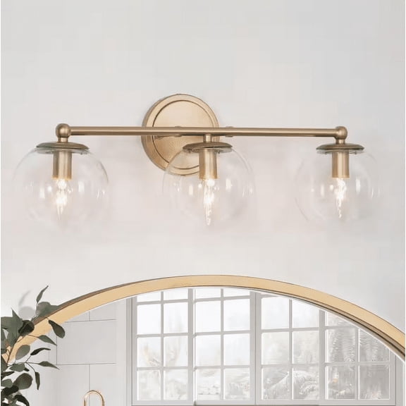 Modern Circle Bathroom Vanity Light 3-Light Globe Brass Gold Powder Room Wall Sconce with Clear Glass Shade