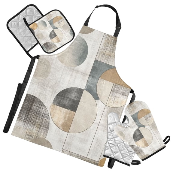 Modern Circle Design Oven Mitts and Pot Holders with Chef Apron Set 5 Pcs Kitchen Cooking Set