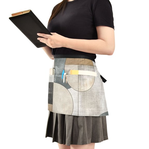 Modern Circle Design Server Apron with 3 Pockets Waist Apron for Waiter Waitress