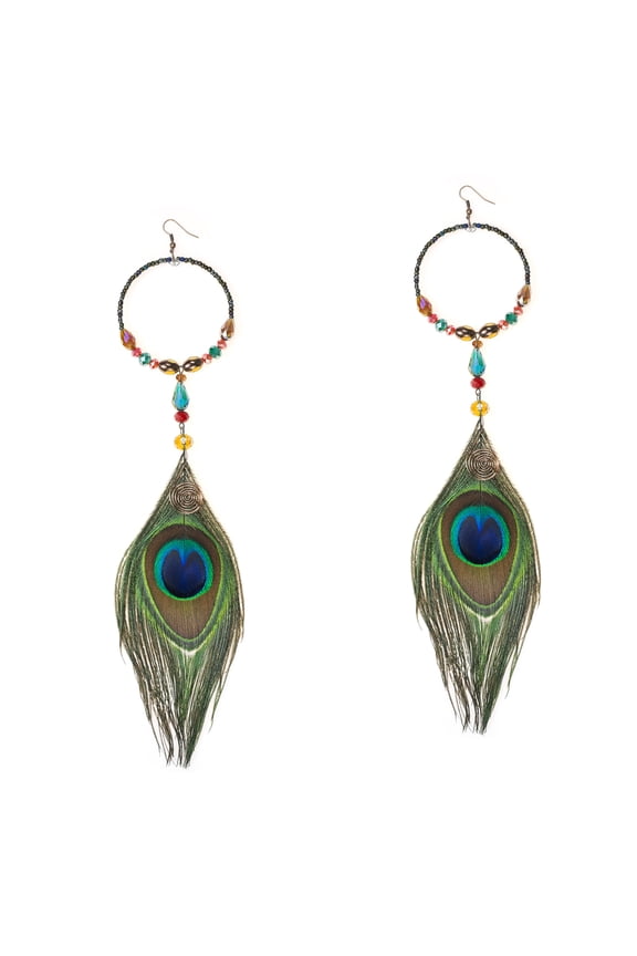 Modern Circle Dramatic Peacock Feather Crystal Statement Earrings
