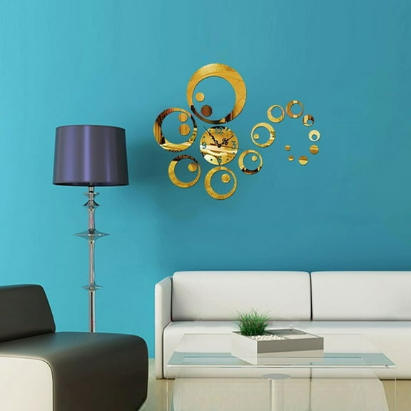 Modern Circles 3D Wall Clock Mirror Stickers,Self-Adhesive Acrylic Decals DIY Combo Circles Quartz Art Clocks (Golden)