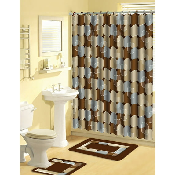 Modern Circles Light Blue 15 Pcs Shower Curtain with Hooks Bathroom Rug Set