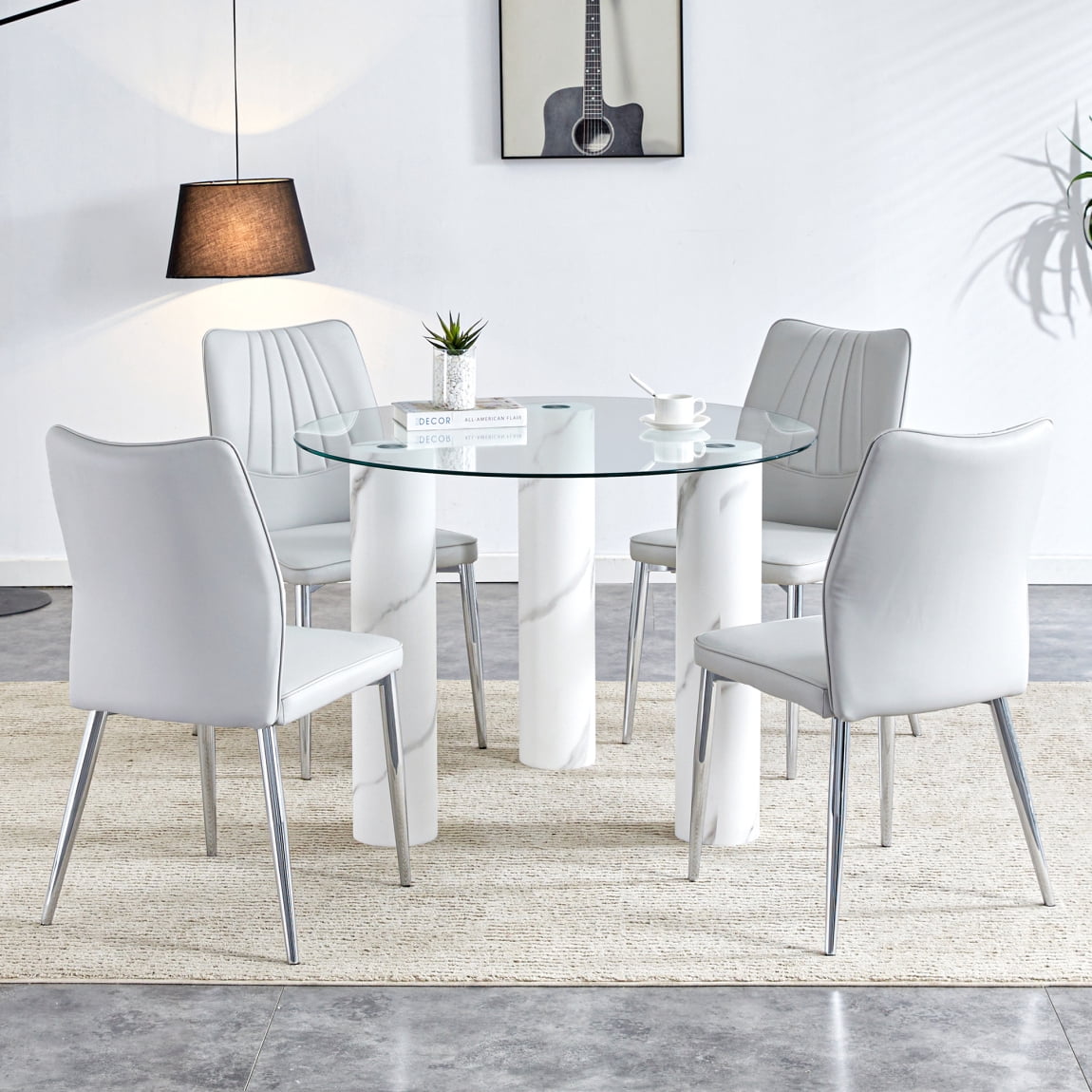 Modern Circular Dining Table with 4 White Cushioned Chairs, Center ...