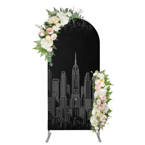 Modern City Landscape Arch Backdrop Cover 5FT, Black Night Building Cityscape Spandex Fitted Stretchy Arch Stand Covers, Round Top Chiara Backdrop Cover for Wedding Party Birthday Baby Shower