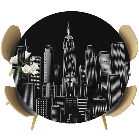 Modern City Landscape Round Tablecloth 55-60 Inch Round Fitted Table Cloth with Elastic Edge, Black Night Building Cityscape Waterproof Table Cover Protector for Outdoor Picnic Party Dining
