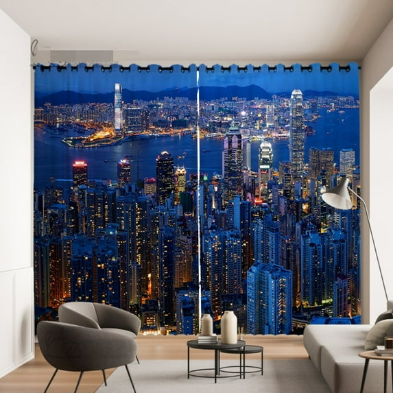Modern City Night View Printed Curtains for Bedroom Living Room Window 2 panels Grommet Top Rod Pocket cortinas Big Size