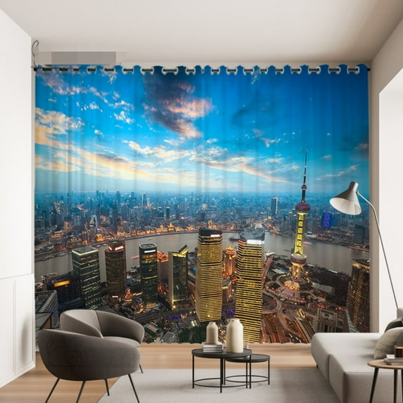 Modern City Night View Printed Curtains for Bedroom Living Room Window 2 panels Grommet Top Rod Pocket cortinas Big Size