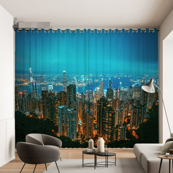 Modern City Night View Printed Curtains for Bedroom Living Room Window 2 panels Grommet Top Rod Pocket cortinas Big Size