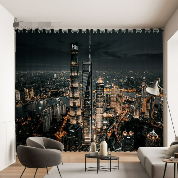 Modern City Night View Printed Curtains for Bedroom Living Room Window 2 panels Grommet Top Rod Pocket cortinas Big Size