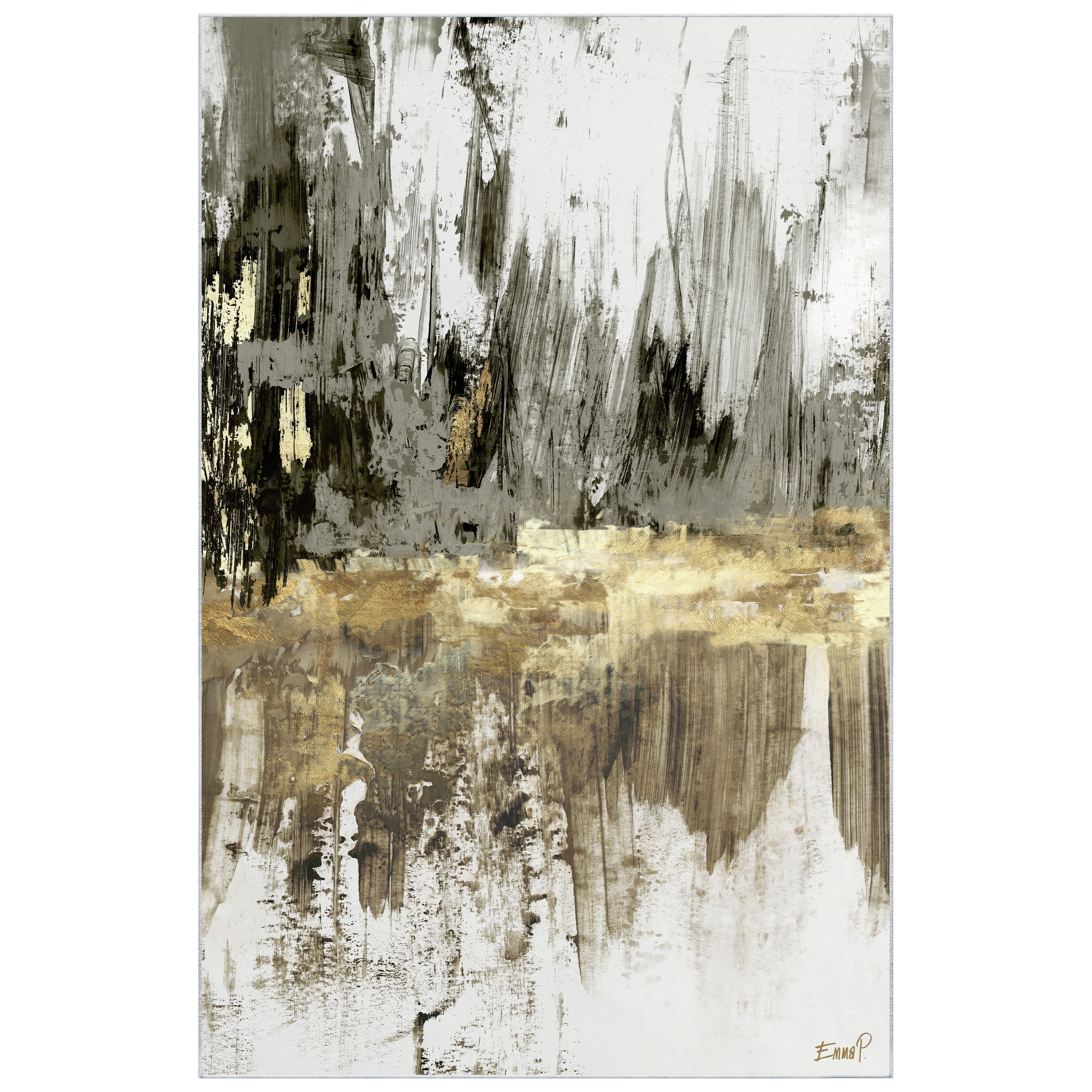 Gray and Gold Abstract Art Washable Polyester Area Rug 5' x 7'