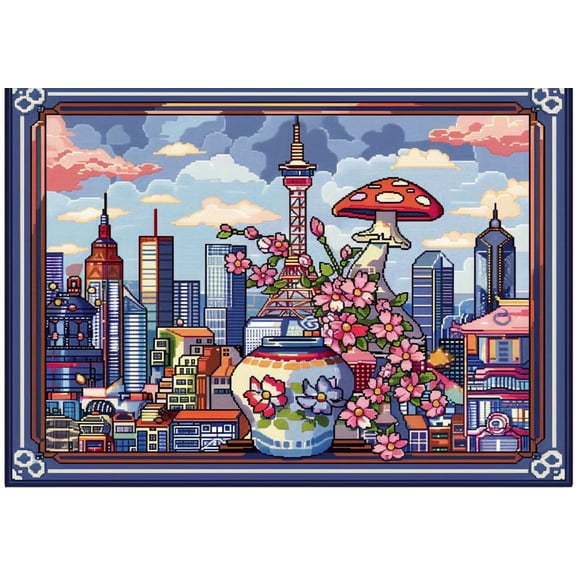 Modern City Skyline DIY 11CT Stamped Cross Stitch Kits for Beginners Easy Needlepoint Embroidery Counted Cross Stitch Art Craft for Wall Decoration 12x16inch(3)