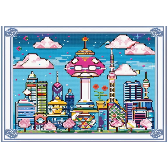 Modern City Skyline DIY 11CT Stamped Cross Stitch Kits for Beginners Easy Needlepoint Embroidery Counted Cross Stitch Art Craft for Wall Decoration 12x16inch(4)