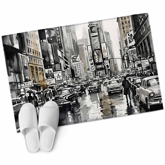 Modern Cityscape Bathroom Rug Washable 2x3 Entryway Rug Non Slip Black White Vintage Street City Front Door Mat Low Pile Indoor Doormat Throw Floor Carpet for Kitchen Bedroom Entrance